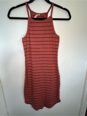90s Y2K Grunge Mudd Striped Rust Ribbed Halter Bodycon Mini Dress Size Small
